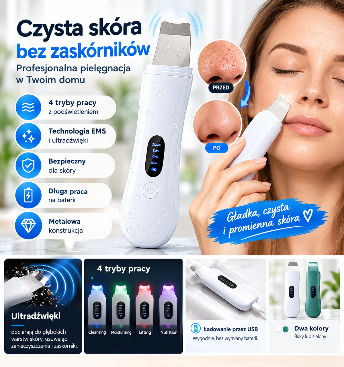Ultradźwiękowy skrobak do twarzy – CZYSTA SKÓRA BEZ ZASKÓRNIKÓW!