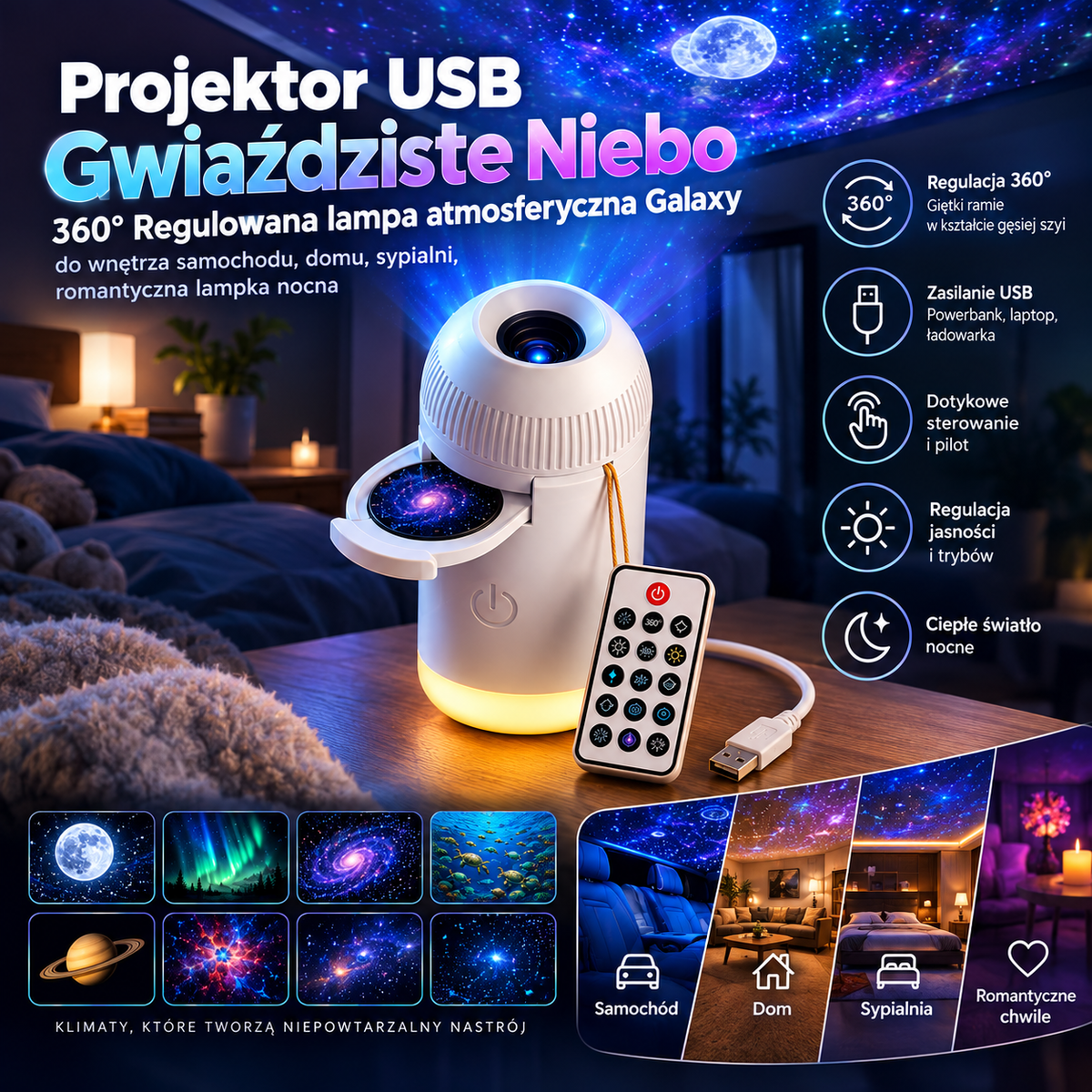 Projektor USB Gwiaździste Niebo 360 ° Regulowana lampa atmosferyczna Galaxy do wnętrza samochodu, domu, sypialni ( 6 projekcji )
