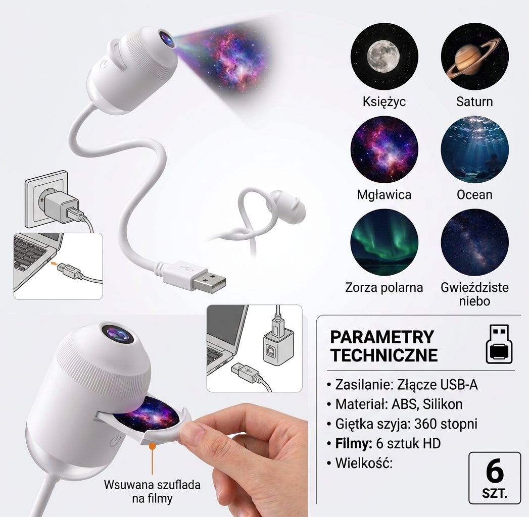 Projektor USB Gwiaździste Niebo 360 ° Regulowana lampa atmosferyczna Galaxy do wnętrza samochodu, domu, sypialni ( 6 projekcji )