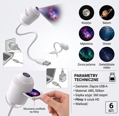 Projektor USB Gwiaździste Niebo 360 ° Regulowana lampa atmosferyczna Galaxy do wnętrza samochodu, domu, sypialni ( 6 projekcji )