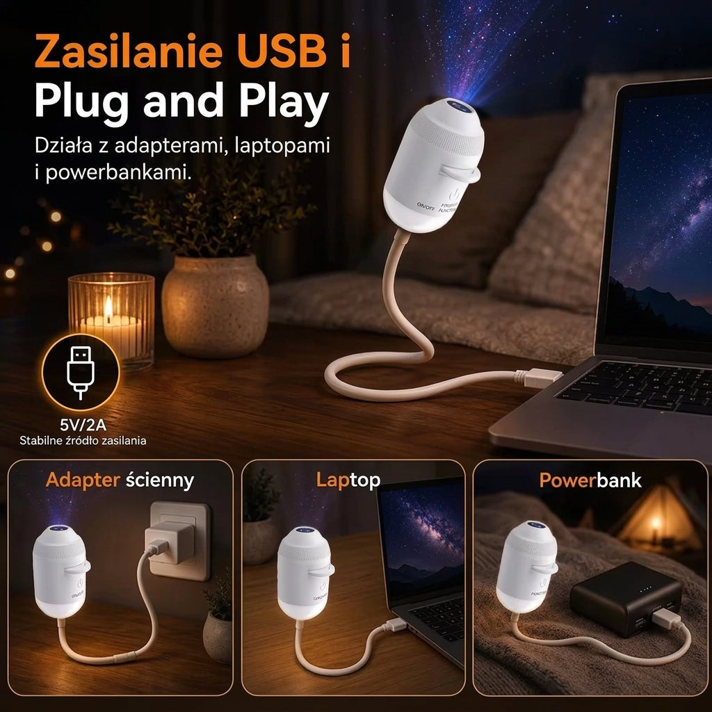 Projektor USB Gwiaździste Niebo 360 ° Regulowana lampa atmosferyczna Galaxy do wnętrza samochodu, domu, sypialni ( 6 projekcji )